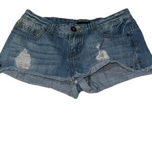 Distressed Denim Shorts With Studded Details - Size S